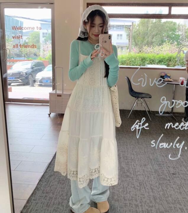 ロングワンピース 春物レースキャミワンピース長袖重ね着風