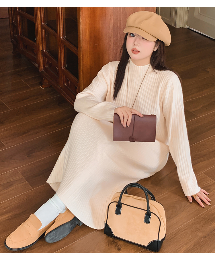 ロングワンピース ふんわり優美なリブ編みハイネックニットワンピース