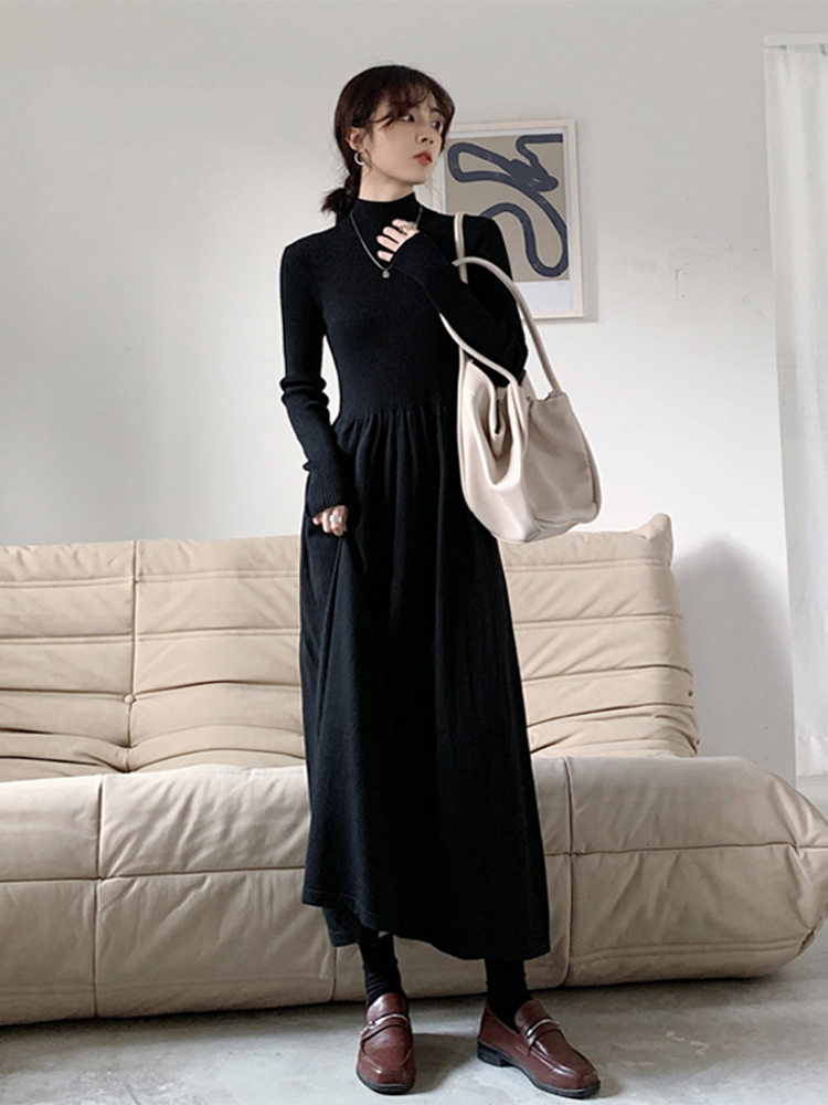 ロングワンピース タートルネック リブニット切替タートルネックロングワンピース