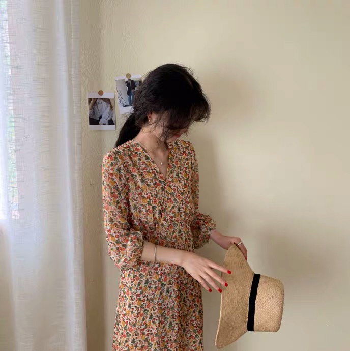 ロングワンピース シャツ 花柄プリント長袖襟付きロングワンピース