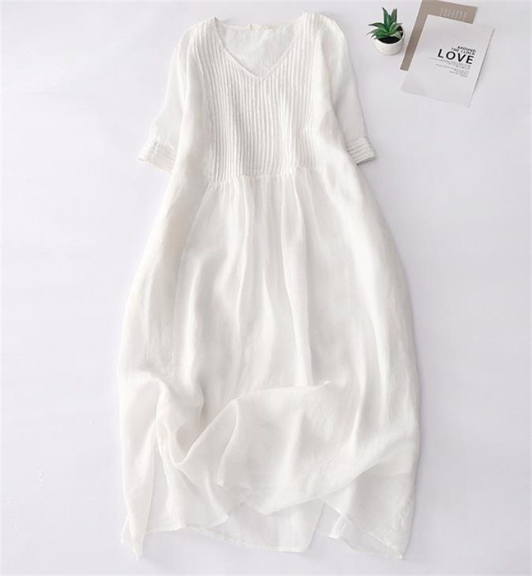 ロングワンピース 麻素材風半袖マキシワンピース 着痩せ涼感ロング丈