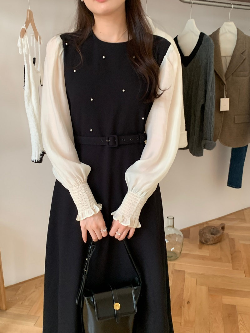 韓国風配色フレアロングワンピース パール装飾ベルト付き