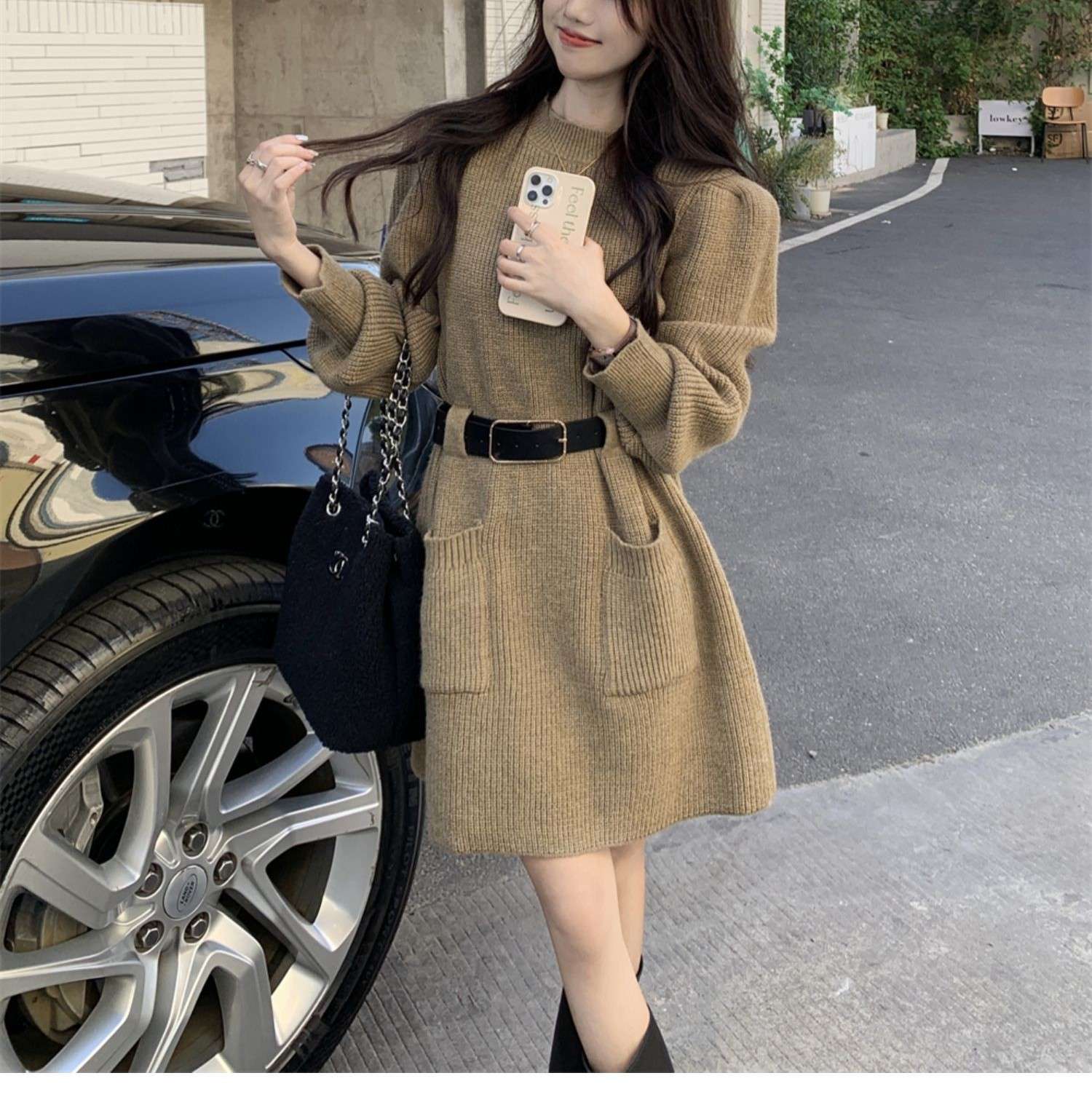 ロングワンピース ゆるふわベルト付きニットワンピース