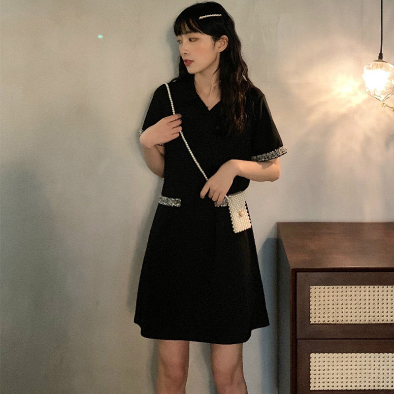 ロングワンピース ポロシャツ レース配色トリム付き襟付きワンピース