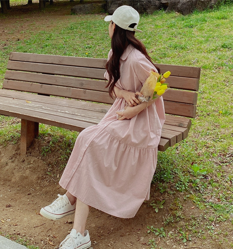 ロングワンピース シャツ ティアード裾広がりシャツワンピース