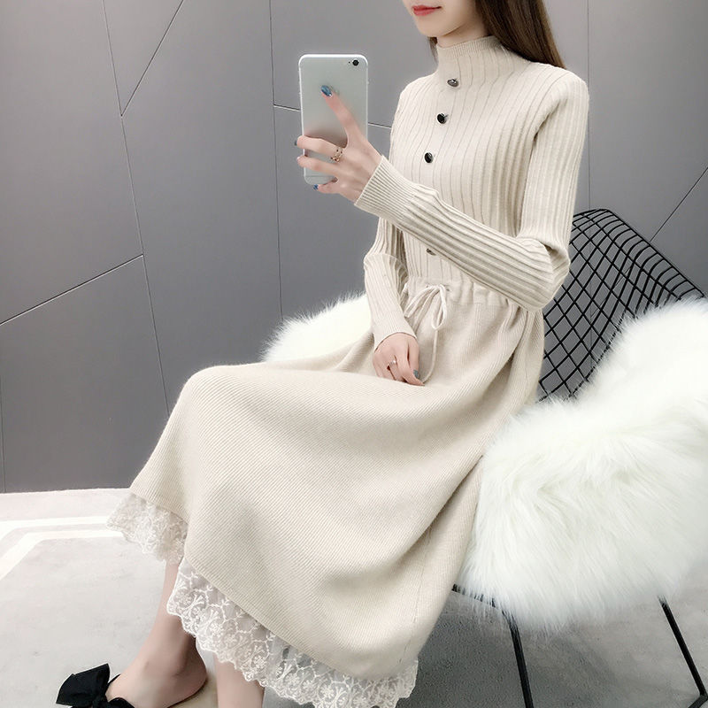 ロングワンピース レース付きリブニット ハイネックワンピース
