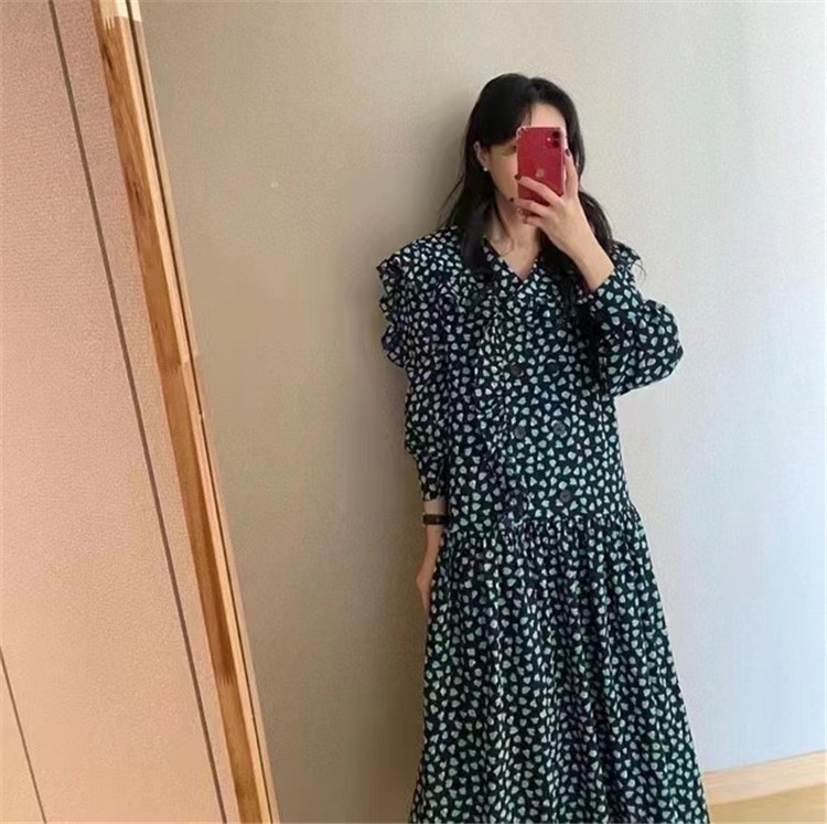 ロングワンピース 楽ちん極み フリルドットマキシワンピース ゆったりダブルボタン