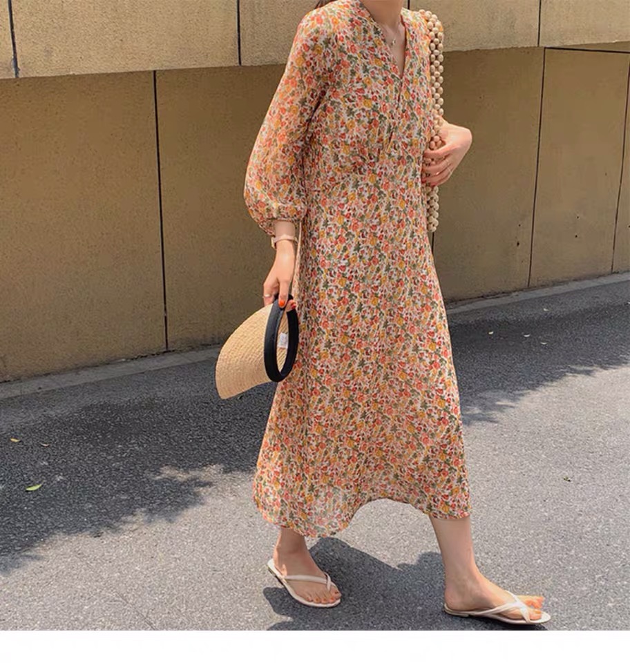 ロングワンピース シャツ 花柄プリント長袖襟付きロングワンピース