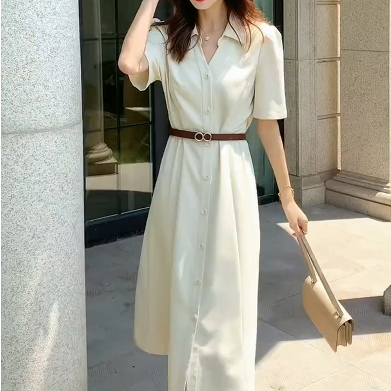 ロングワンピース シャツ 襟付き半袖ベルト付きシャツワンピース