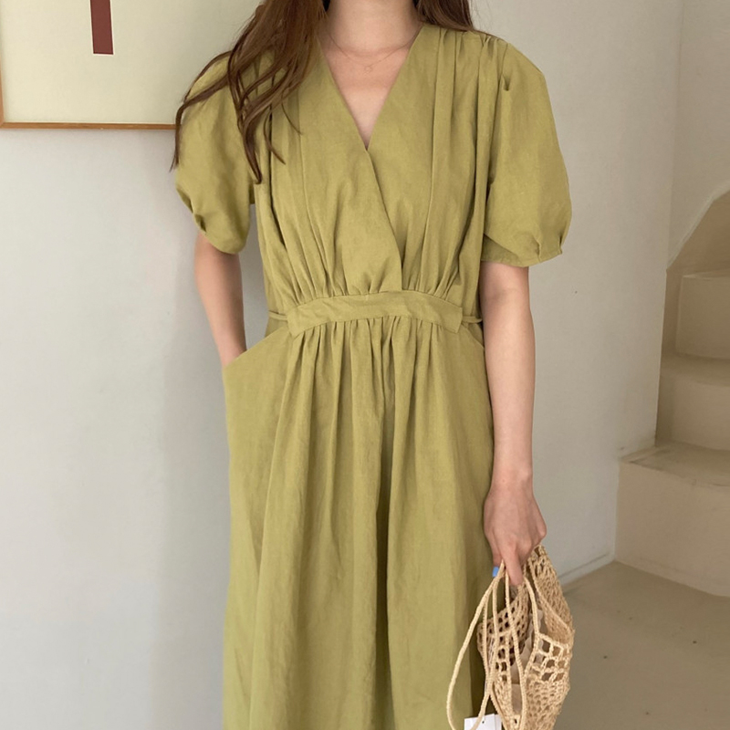 ロングワンピース シャツ 深V領ギャザーウエストバルーン袖ロングワンピース