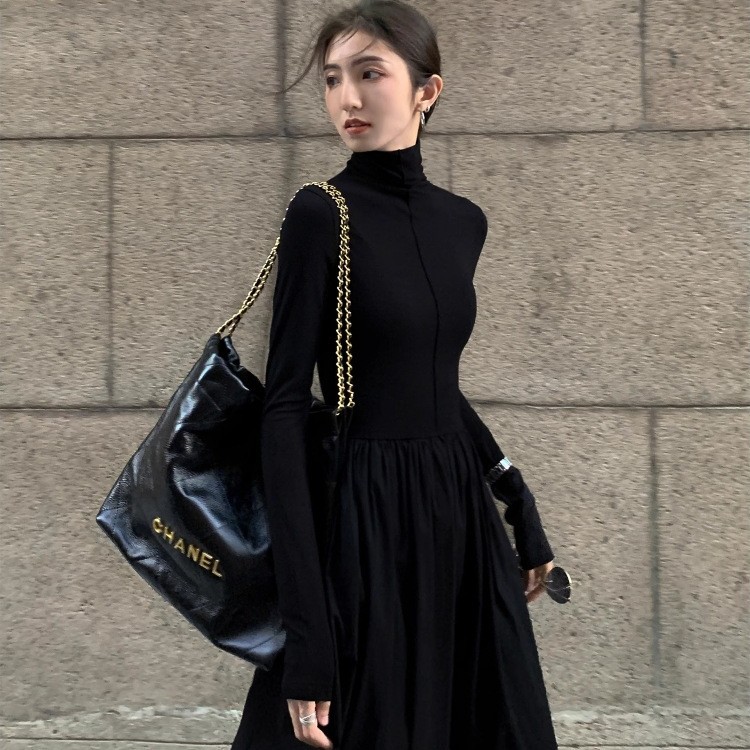 ロングワンピース ハイネックニットロング切替プリンセスワンピース