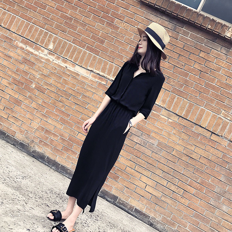 ロングワンピース 夏きれいめ黒マキシワンピース五分袖スリット付き無地ロング丈
