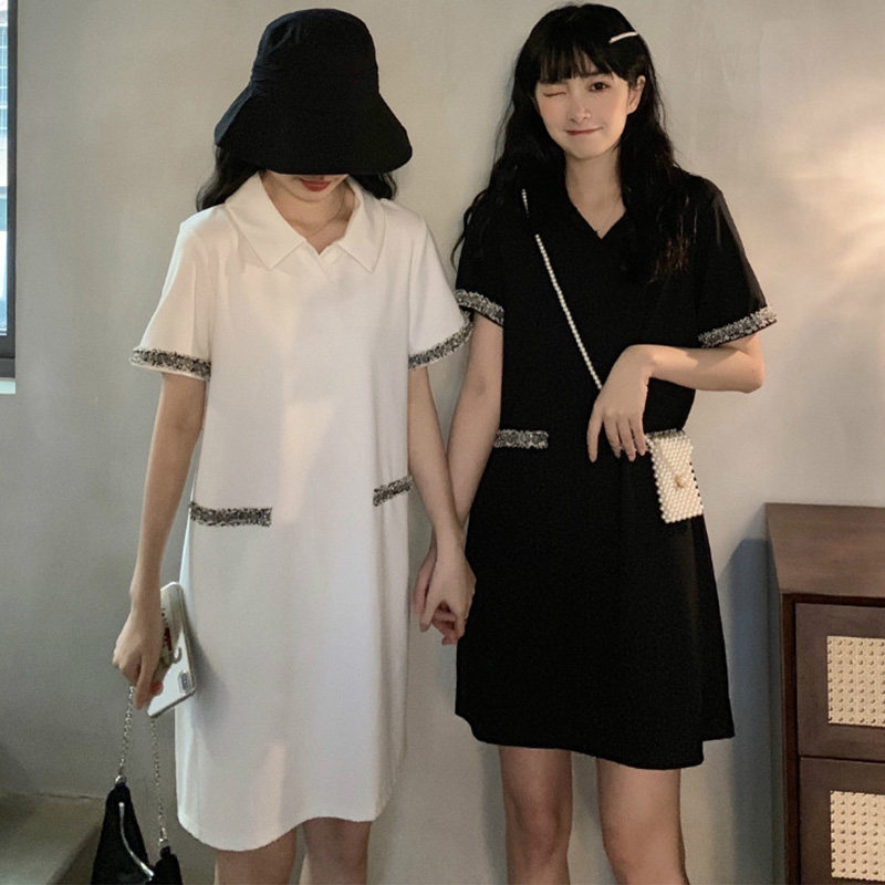 ロングワンピース ポロシャツ レース配色トリム付き襟付きワンピース