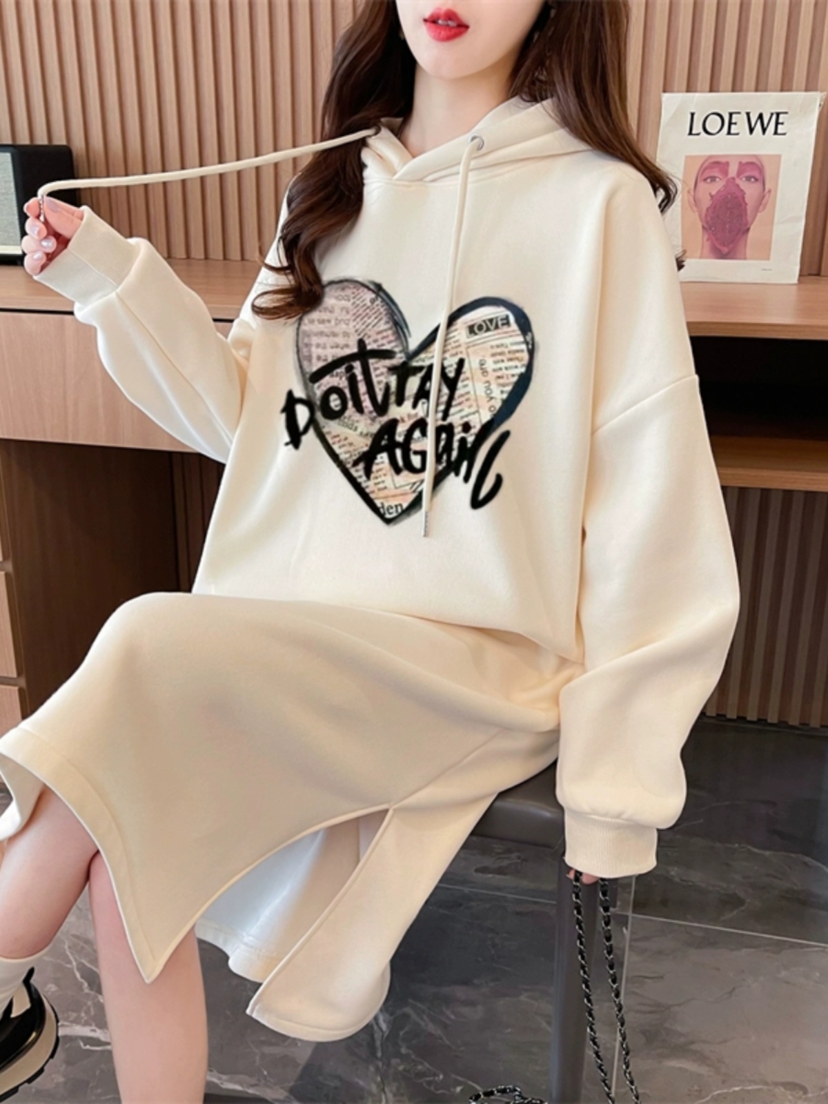 ロングワンピース スウェット ハートロゴ ゆったりパーカーワンピース