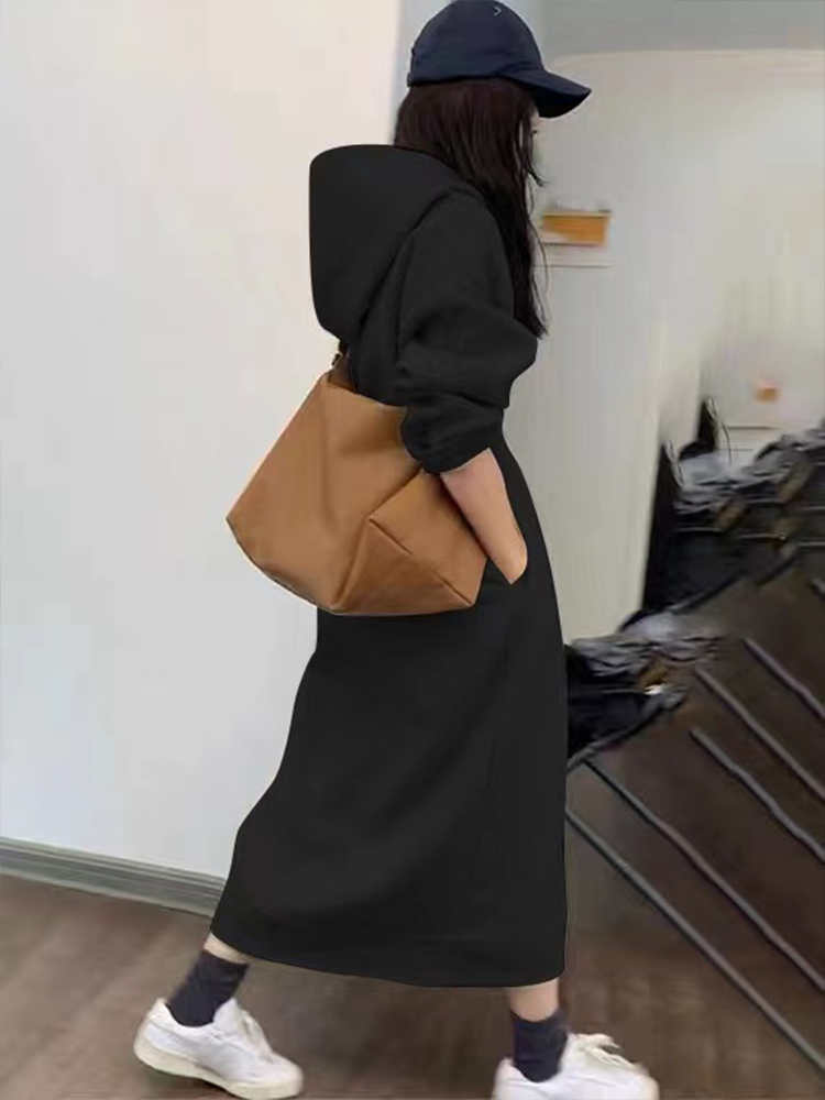 ロングワンピース スウェット ゆったりフード付きロング丈裏起毛ワンピース