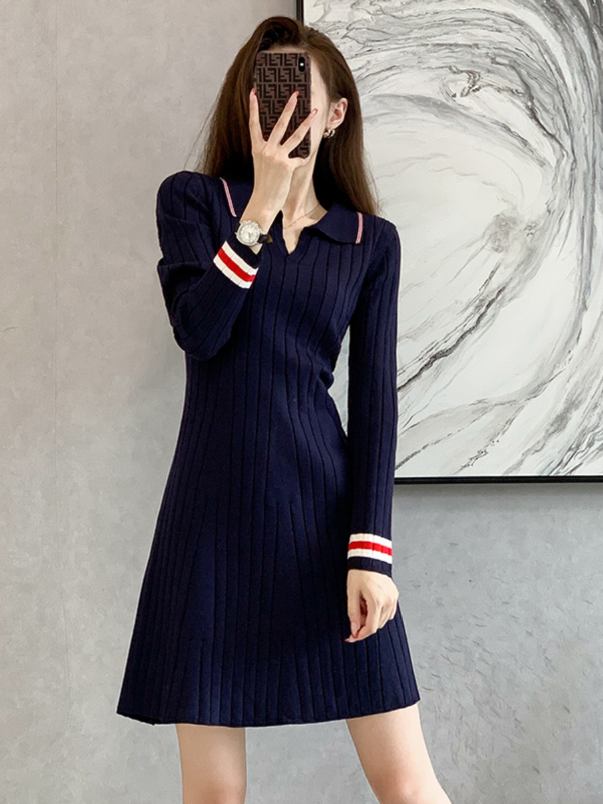 ロングワンピース ニット 襟付きリブニットワンピース