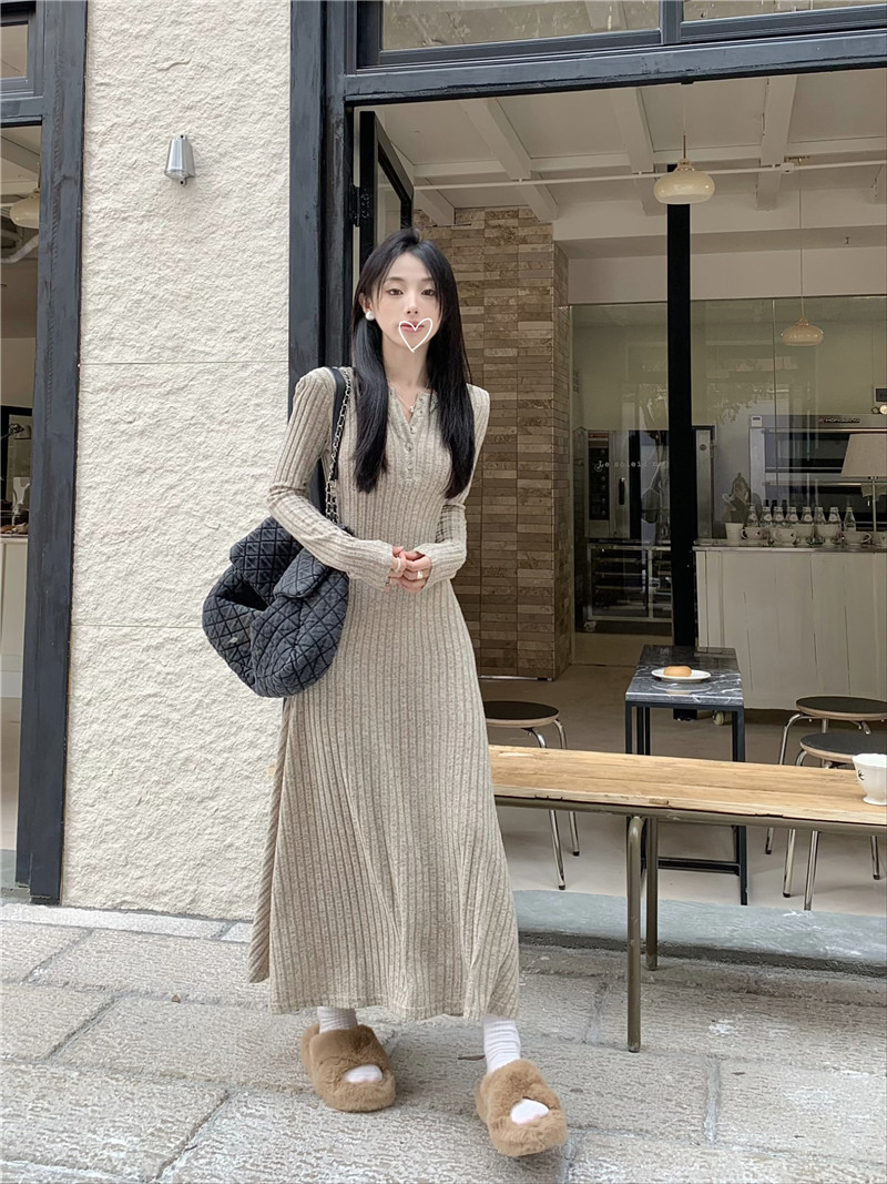 ロングワンピース リブ編みロマンチックワンピース