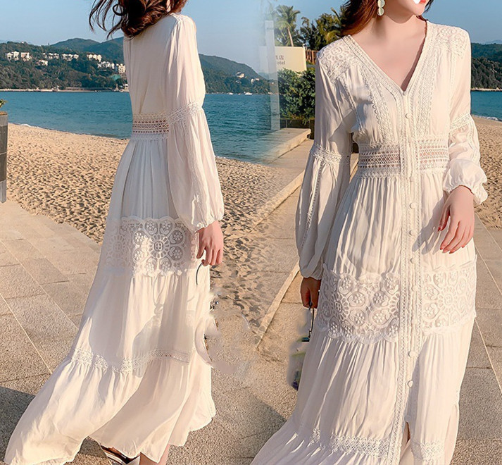 ロングワンピース 白レース花柄マキシワンピース リゾート海辺用長袖