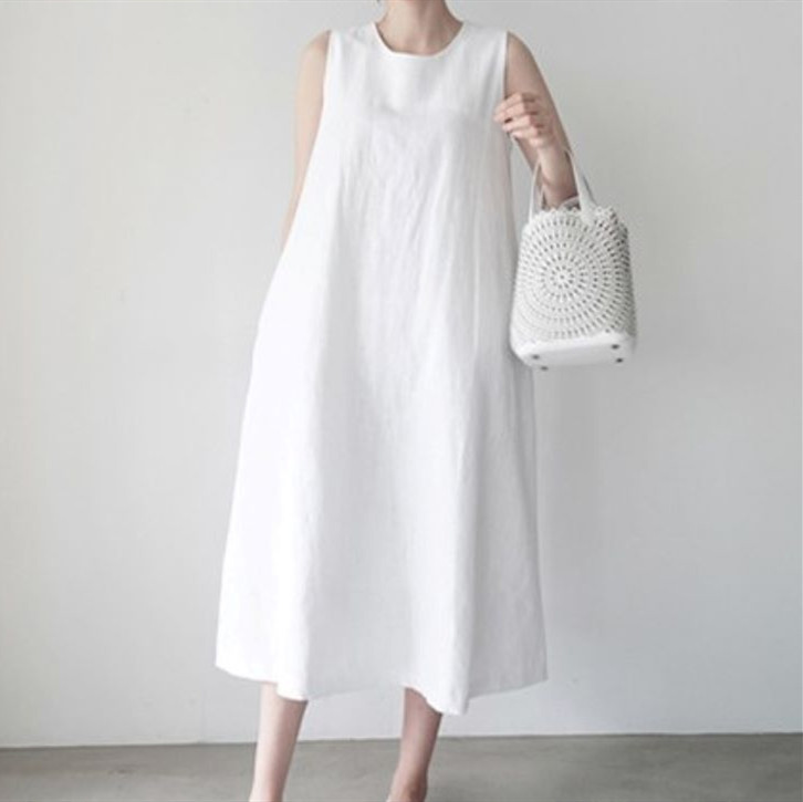 ロングワンピース 新作ノースリーブワンピース白色ロング丈着痩せ韓国風レディース