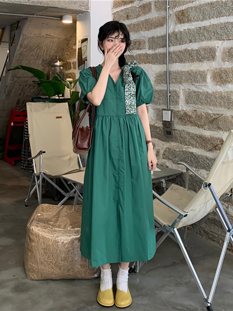 ロングワンピース シャツ 花柄スカーフ付きパフスリーブロングワンピース