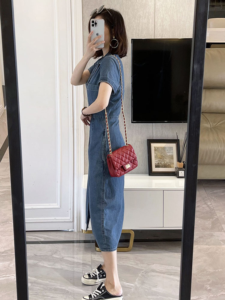 ロングワンピース シャツ 開襟デニムシャツワンピース前開きボタン付き