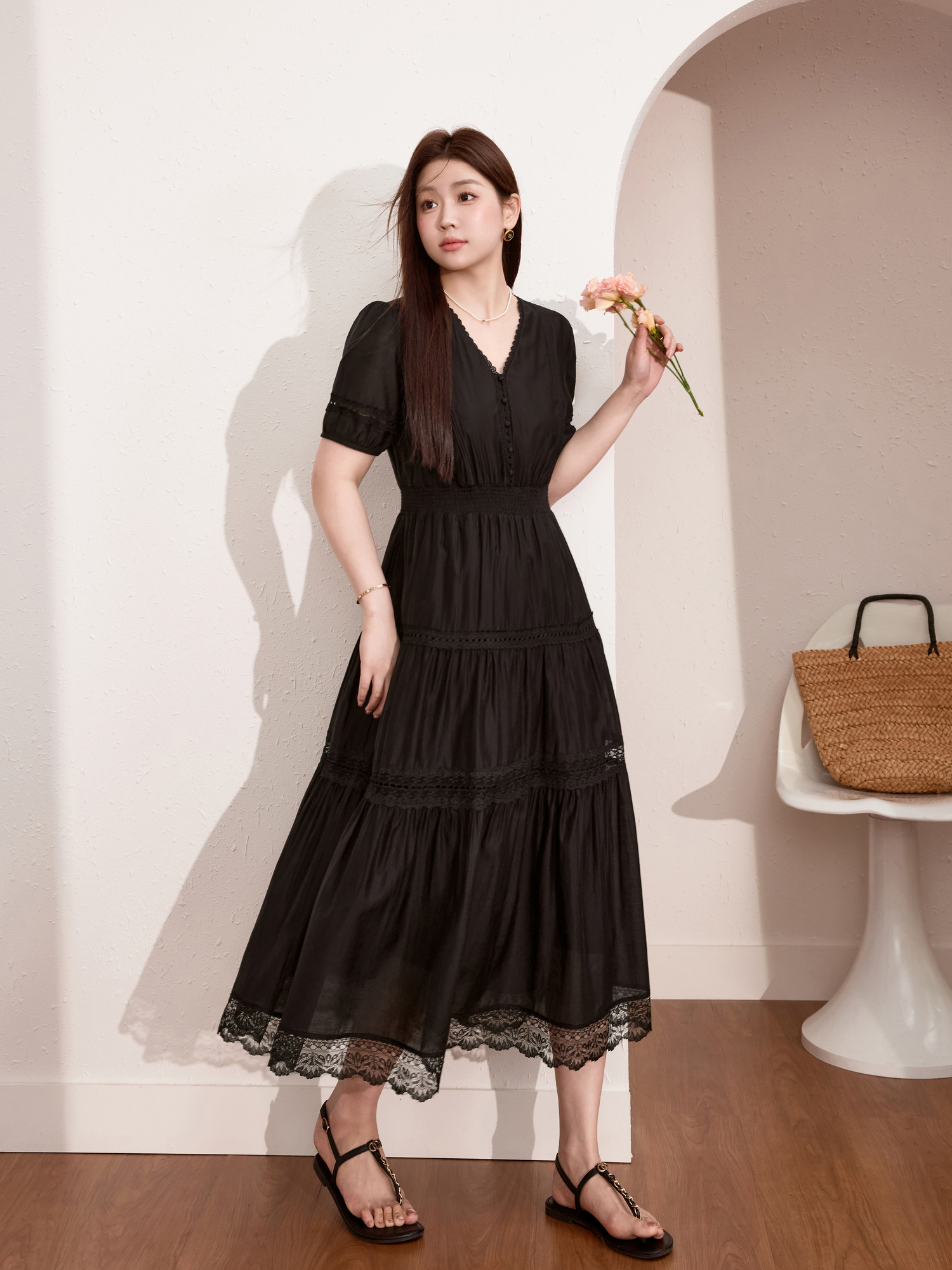 ロングワンピース レース 優美レース切替ティアードワンピース