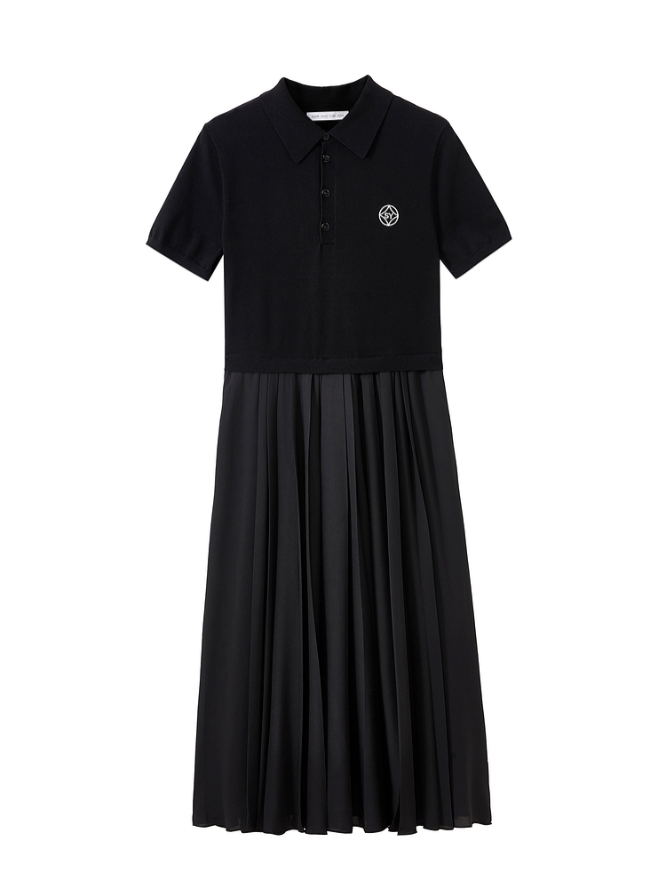 ロングワンピース ニット 襟付きプリーツ切替ロングワンピース