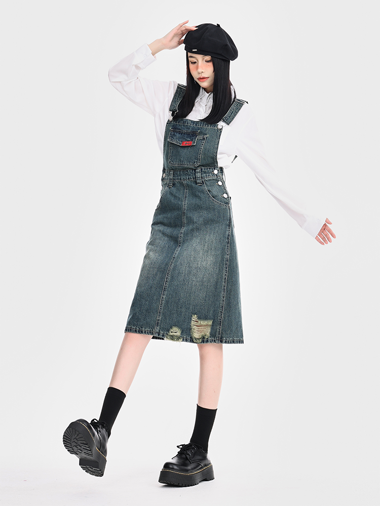 ワンピース デニム こだわりダメージ加工サロペット