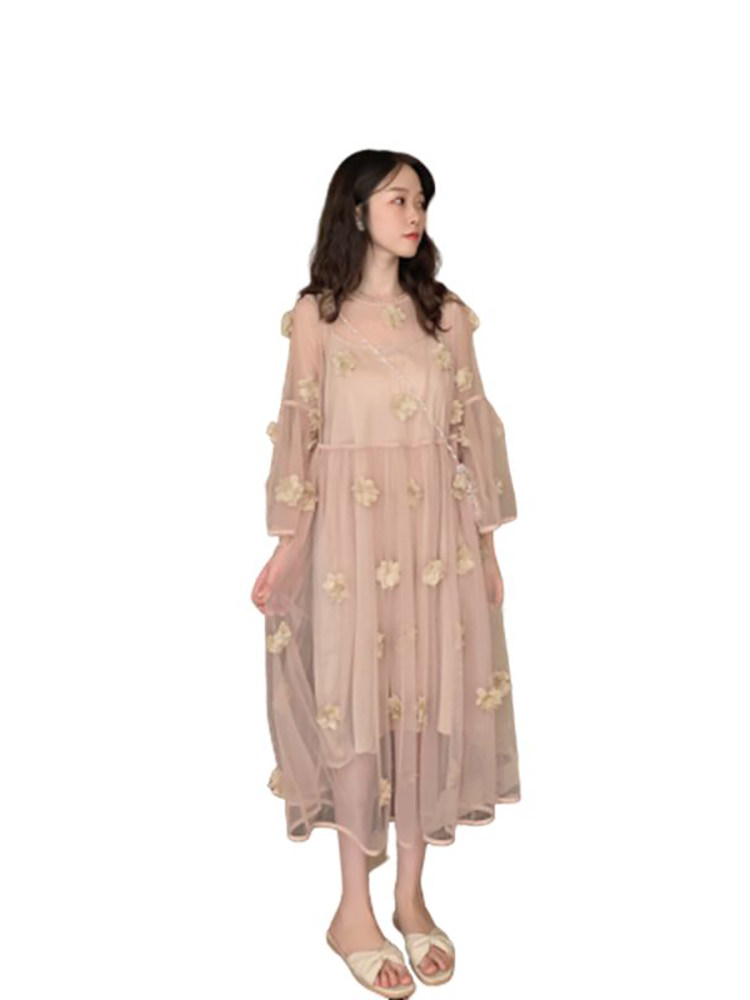 ロングワンピース レース 立体花モチーフ付きシアーチュールロングワンピース