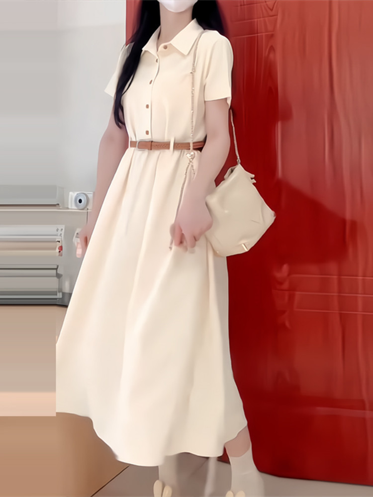 ロングワンピース シャツ 襟付き半袖ベルト付きロングシャツワンピース