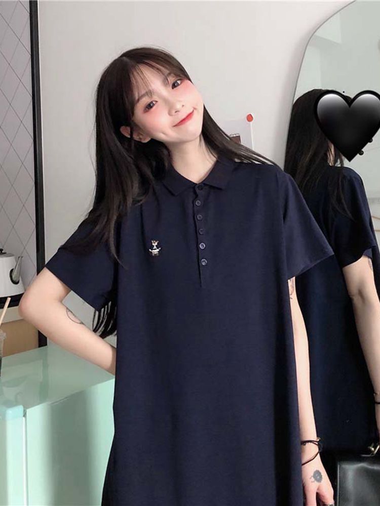 ロングワンピース ポロシャツ 襟付き半袖ゆったりシルエット膝丈ワンピース