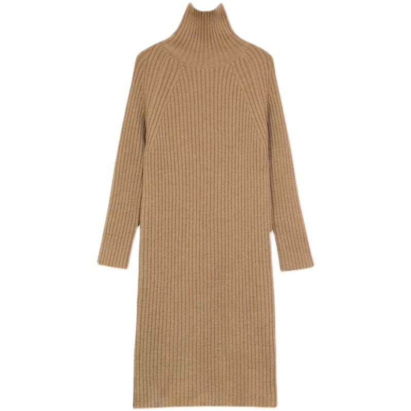 ロングワンピース タートルネック リブ編みニットタートルネックロングワンピース