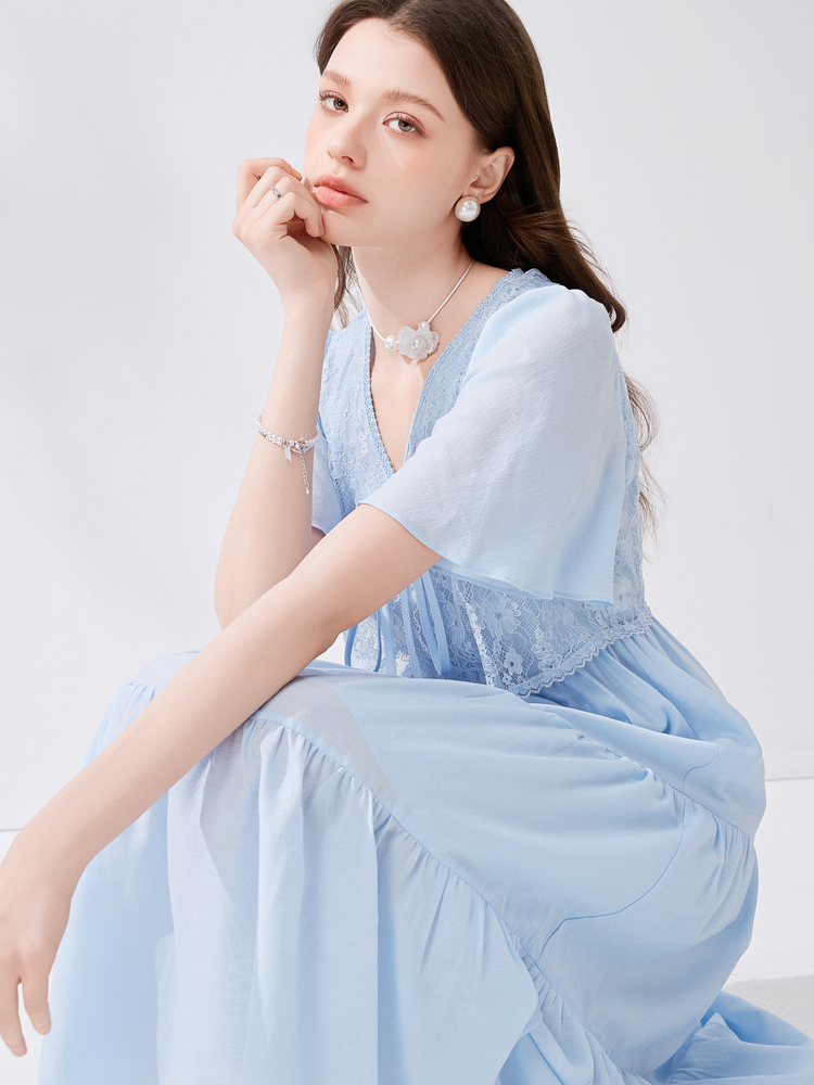 ロングワンピース レース 胸元レース ティアードロングワンピース