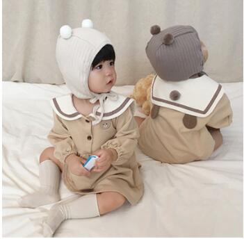 ロングワンピース ベビー用セーラー風ロンパース　可愛い帽子付きワンピース