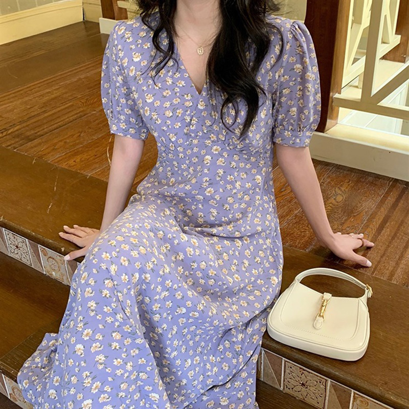 小花柄パフスリーブ襟付きロングワンピース