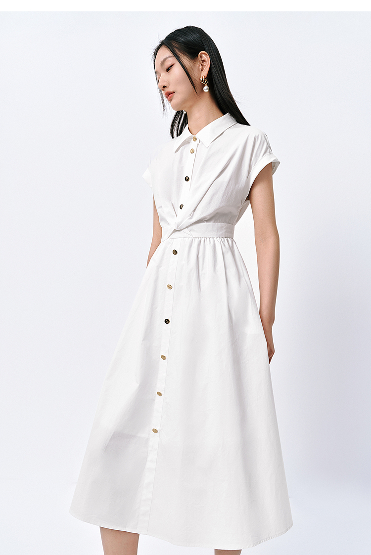 ロングワンピース シャツ 襟付き半袖ボタンフロントロングシャツワンピース