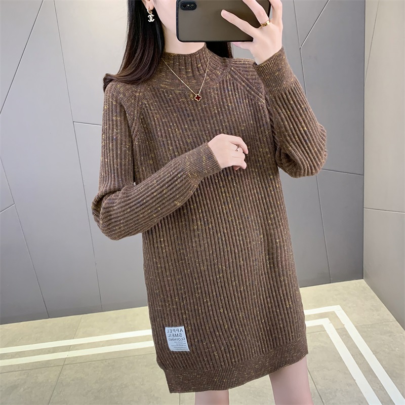 ロングワンピース ニット ゆったりリブ編み モックネックワンピース