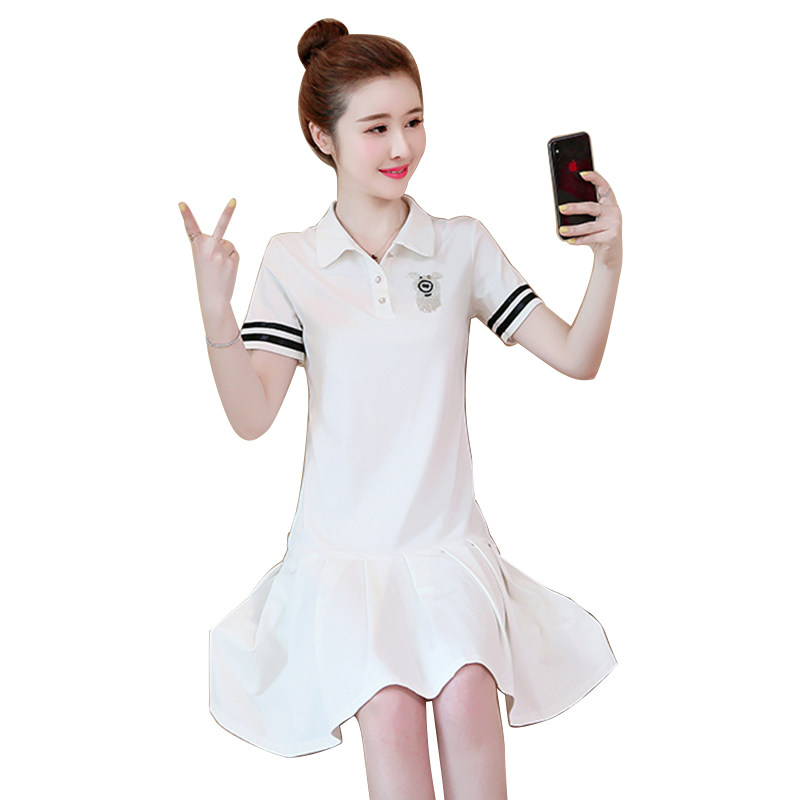 ロングワンピース ポロシャツ 襟付きスポーティライン裾プリーツロングワンピース