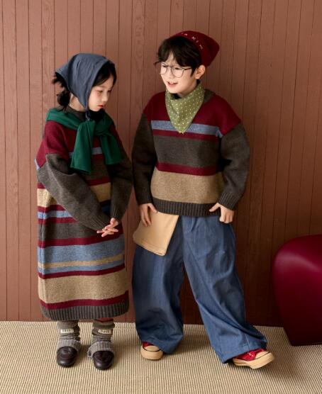 ロングワンピース キッズ ボーダー柄ニットワンピース セーター 90-150センチ