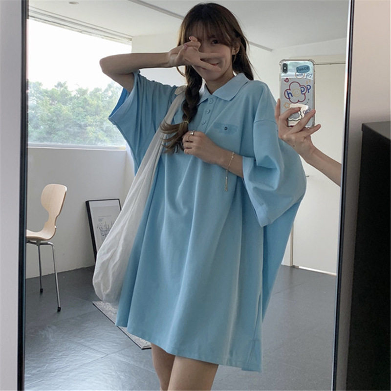 ロングワンピース ポロシャツ ゆったりオーバーサイズポロ襟ロングワンピース