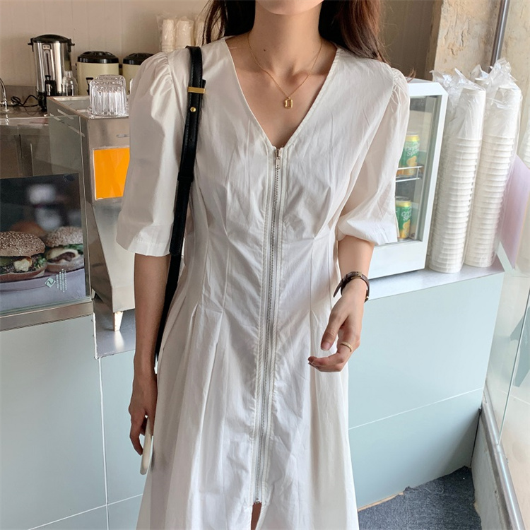 ロングワンピース Vネック ジッパー マキシ丈 五分袖 ワンピース