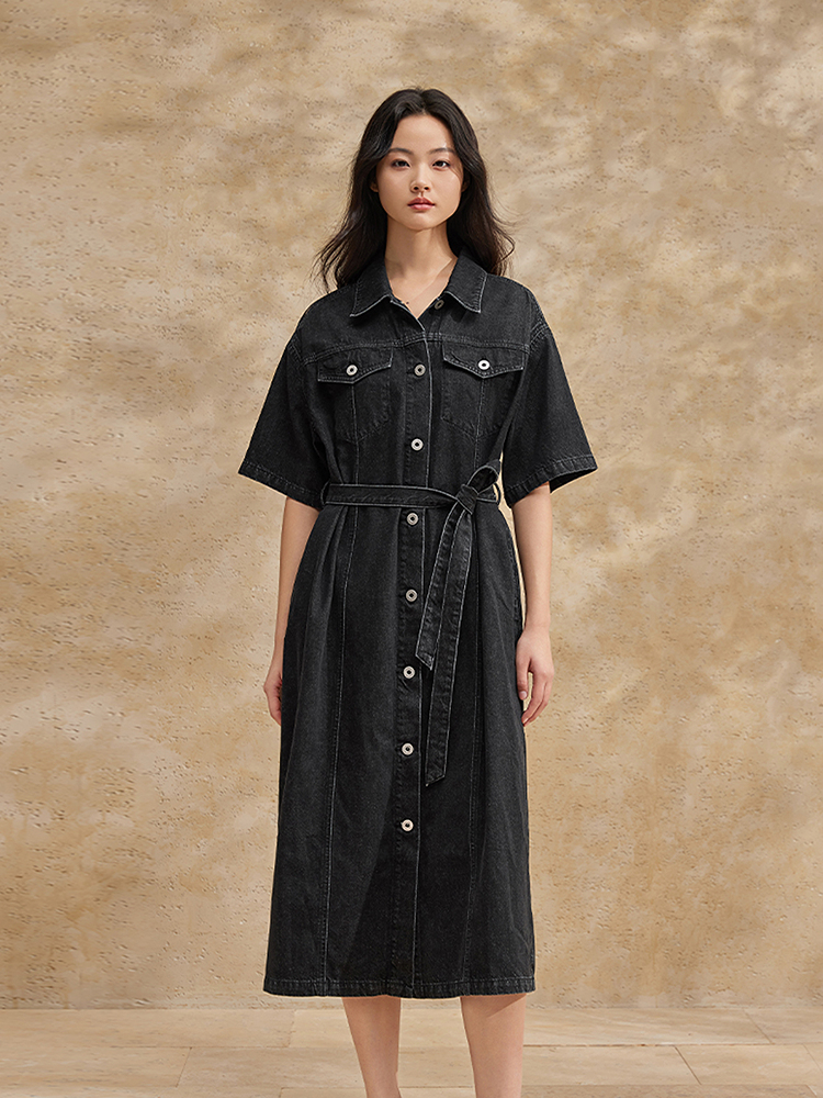 ロングワンピース デニム ゆったり着こなし前開きデニムワンピース