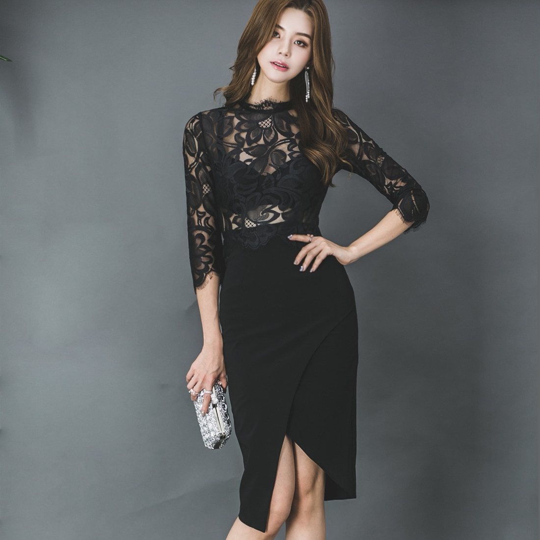 ロングワンピース 黒レース花柄フォーマルドレス 上品ロング丈