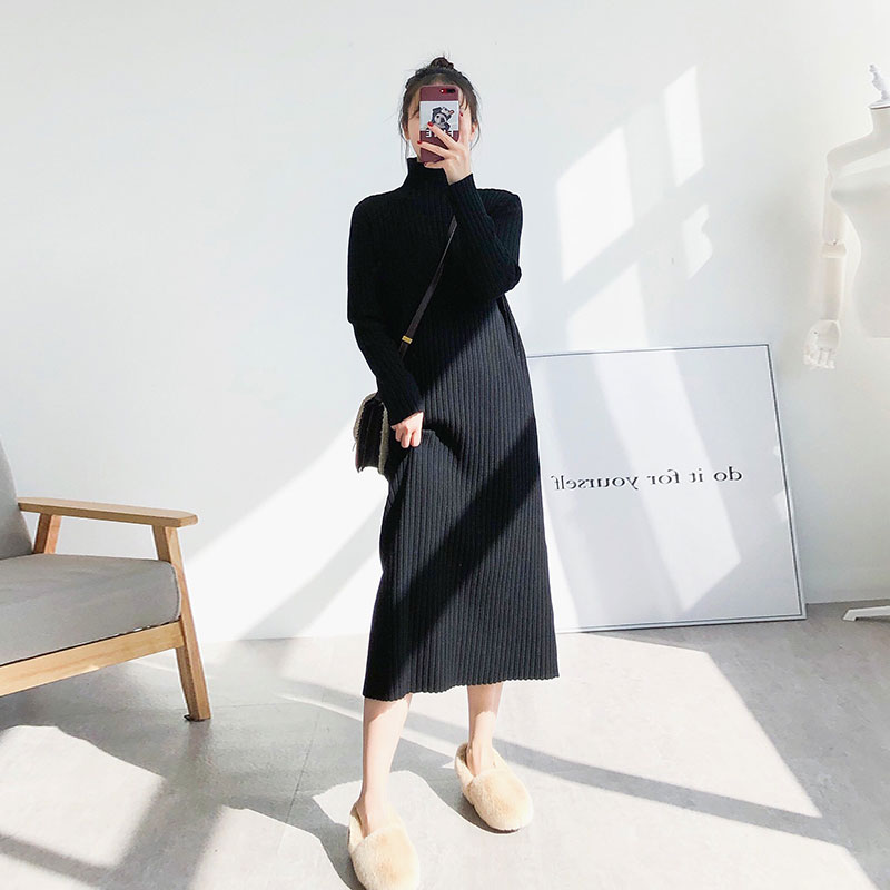 ロングワンピース ニット タートルネックリブ編みロングワンピース
