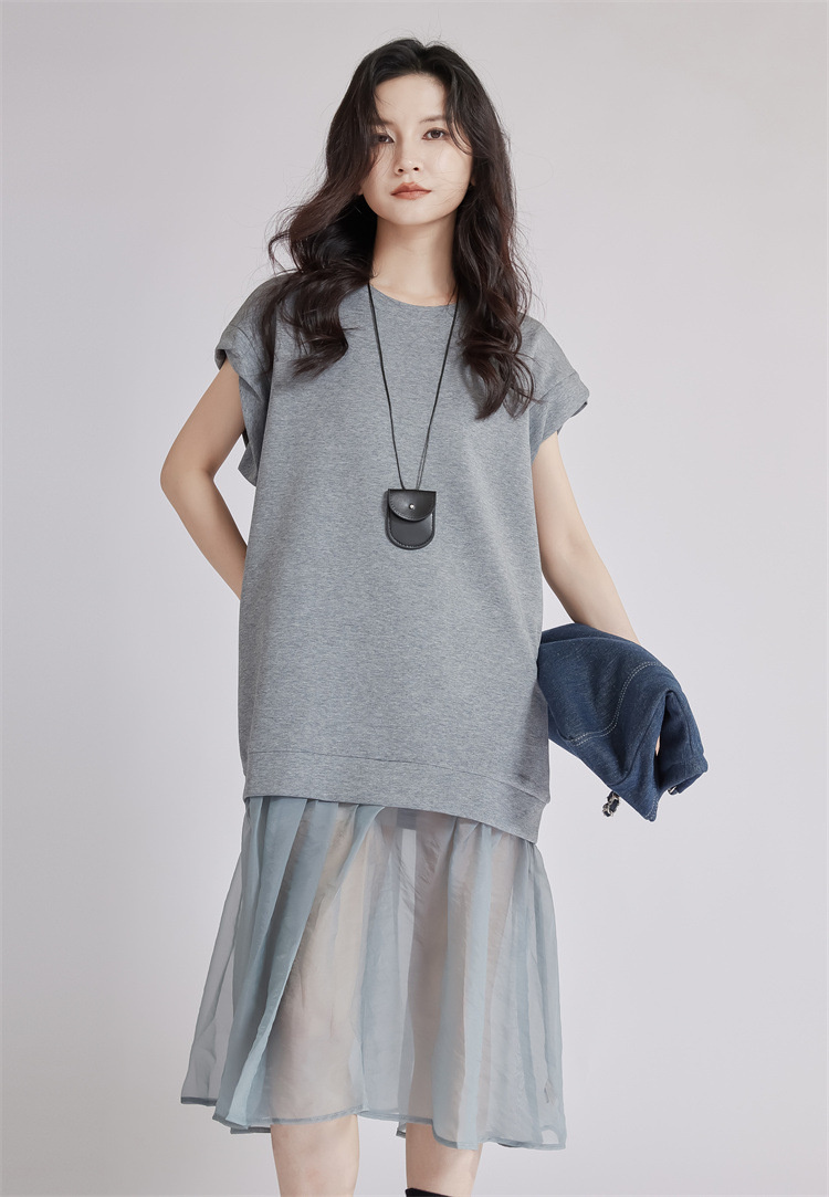 ロングワンピース 半袖丸首フレアワンピース 透け感重ね着風 夏用