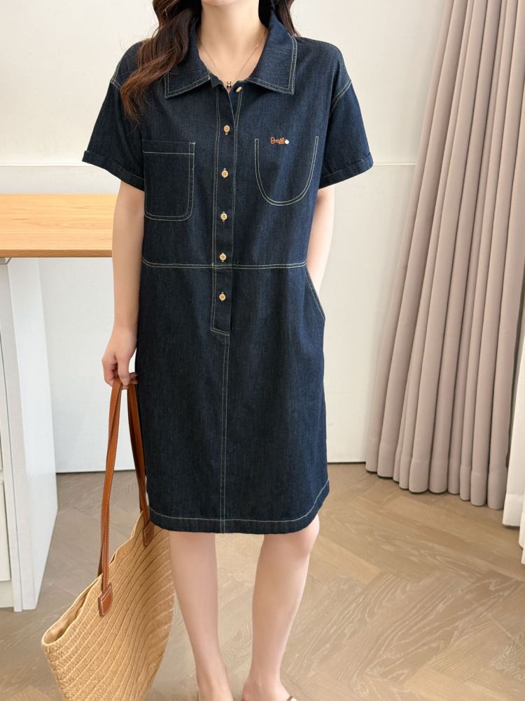 ロングワンピース デニム シンプル半袖シャツワンピース