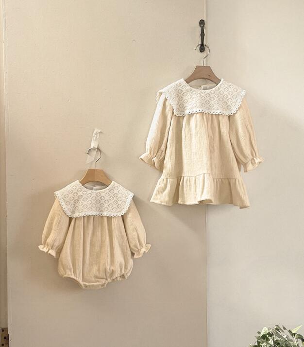 ロングワンピース ベビー服 レース襟付きワンピース 長袖 女の子用 66-90センチ