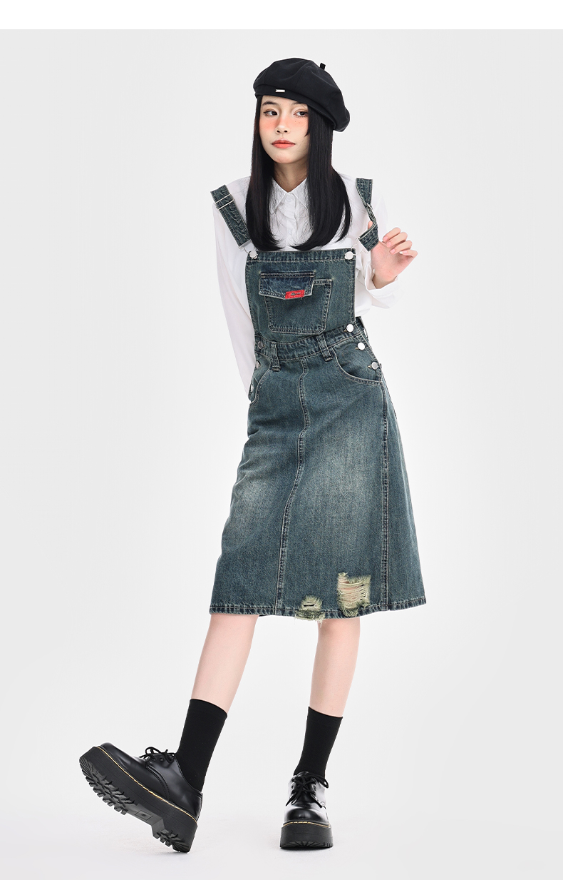 ワンピース デニム こだわりダメージ加工サロペット