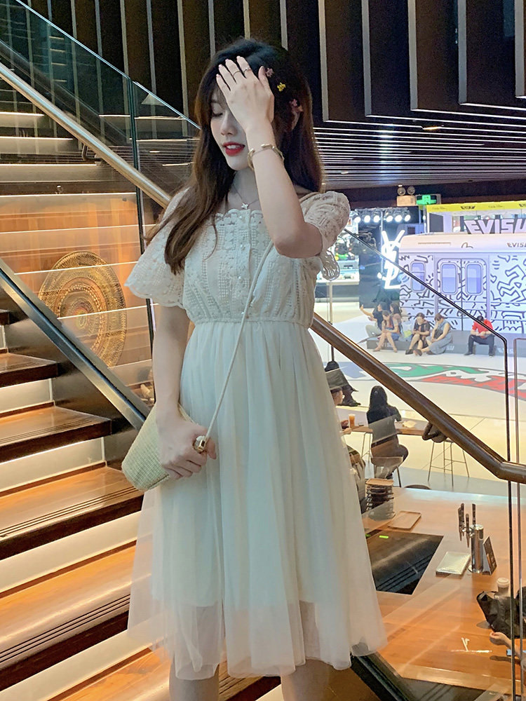 ロングワンピース レース オフショルダーチュール切替レースロングワンピース