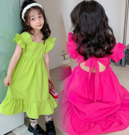 キッズ女の子ロングワンピース フリル袖背中リボン付き